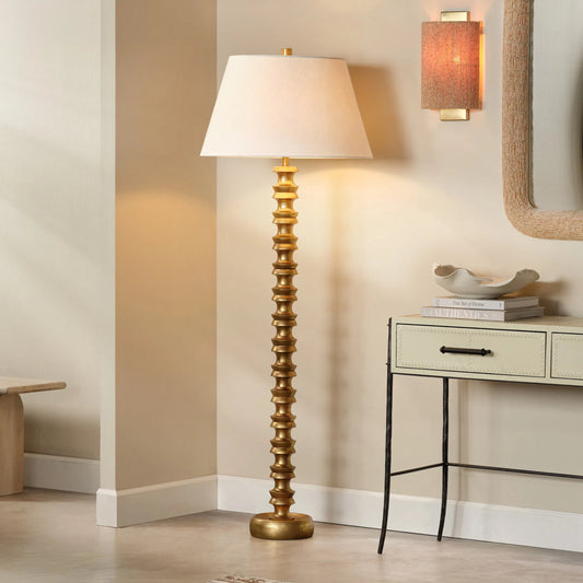 Melrose Floor Lamp by Jamie Young in gold and gold leaf. Made from metal in a unique style.