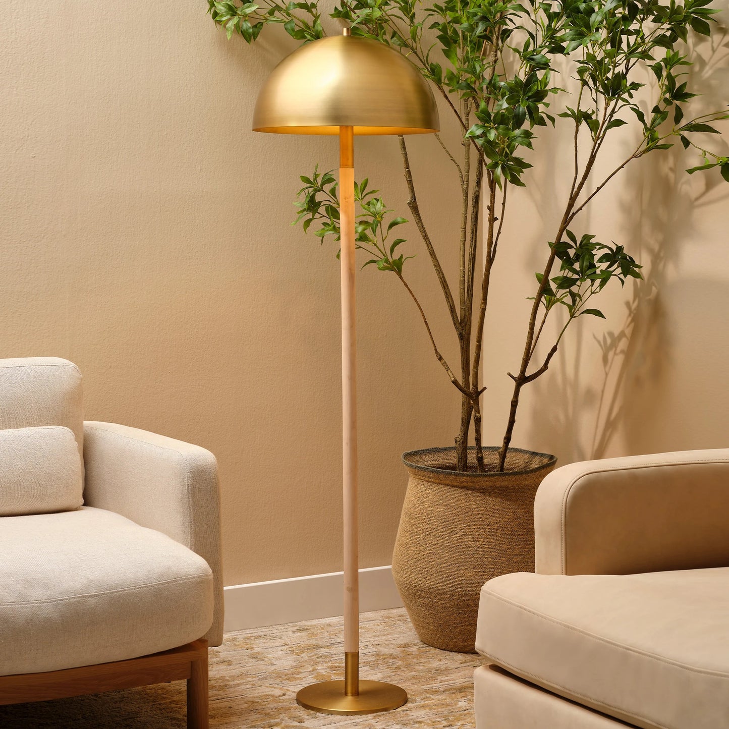 003 SI-2146424 | Lifestyle | Merlin Floor Lamp by Jamie Young in antique brass, natural. Made from rubber wood, iron metal in a modern style.