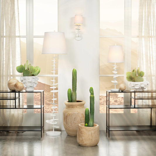 Petals Floor Lamp by Jamie Young in white gesso. Made from steel in a coastal style.