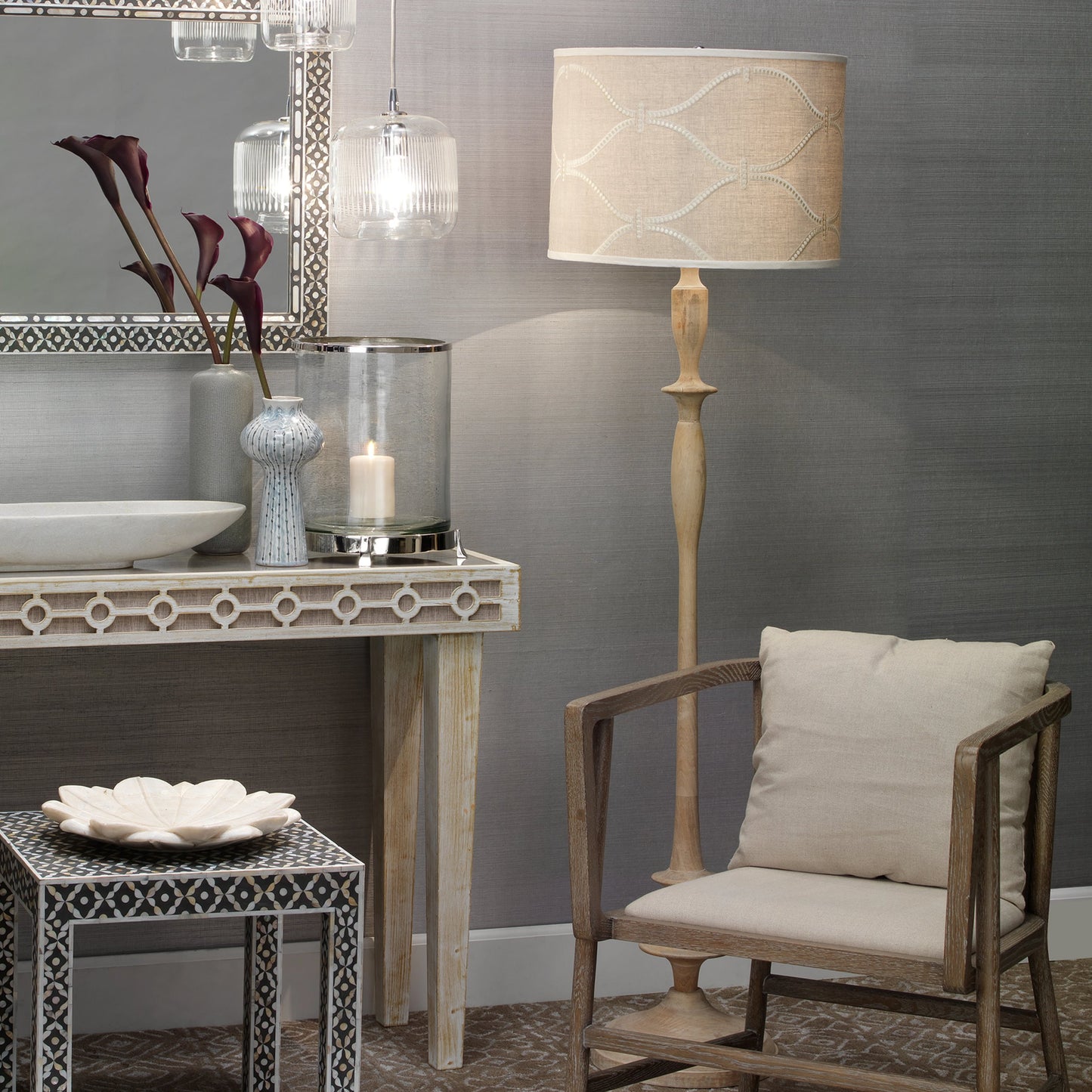 005 S-292156 | Lifestyle | Petite Paro Floor Lamp by Jamie Young in bleached wood. Made from metal in a traditional style.