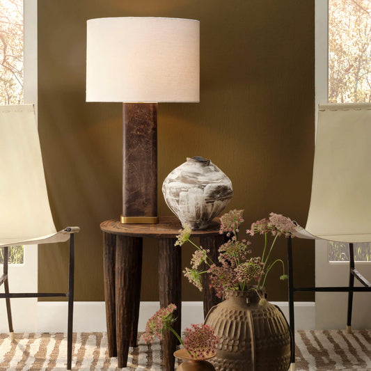 Preston Table Lamp Wood by Jamie Young in dark grey and dark grey burl, antique brass. Made from burl veneer, metal: mild steel in a modern style.