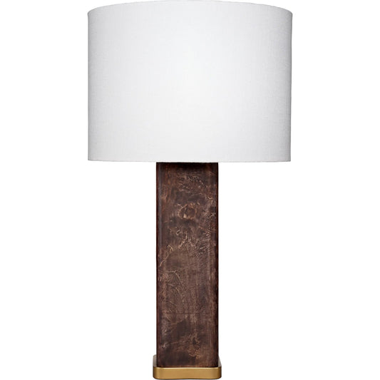 Preston Table Lamp Wood by Jamie Young in dark grey and dark grey burl, antique brass. Made from burl veneer, metal: mild steel in a modern style.