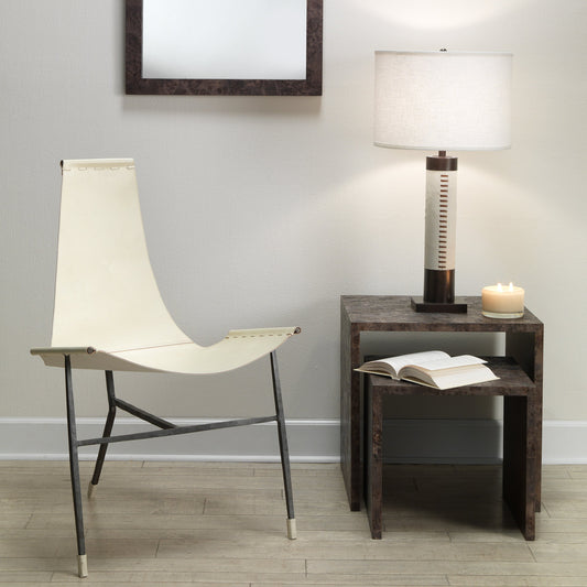 Sheridan Table Lamp by Jamie Young in white hide & oil rubbed bronze metal. Made from hide, metal in a modern style.