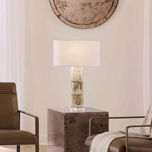 Stag Table Lamp by Jamie Young in beige and cream stacked horn. Made from horn in a unique style.