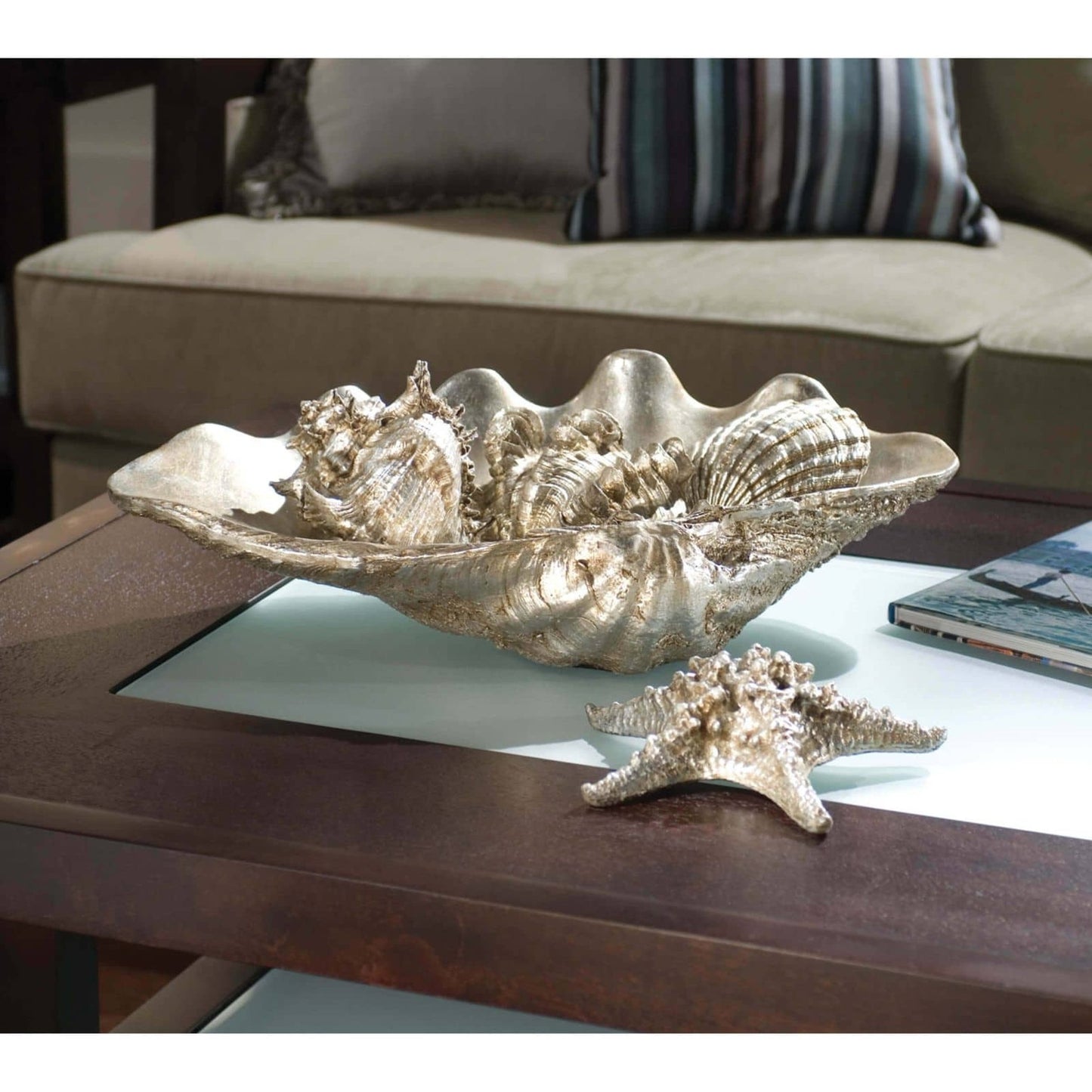 006 S-286798 | Lifestyle | Clam Shell W/ Shells by Regina Andrew in silver and ambered silver leaf. Made from resin in a coastal style.