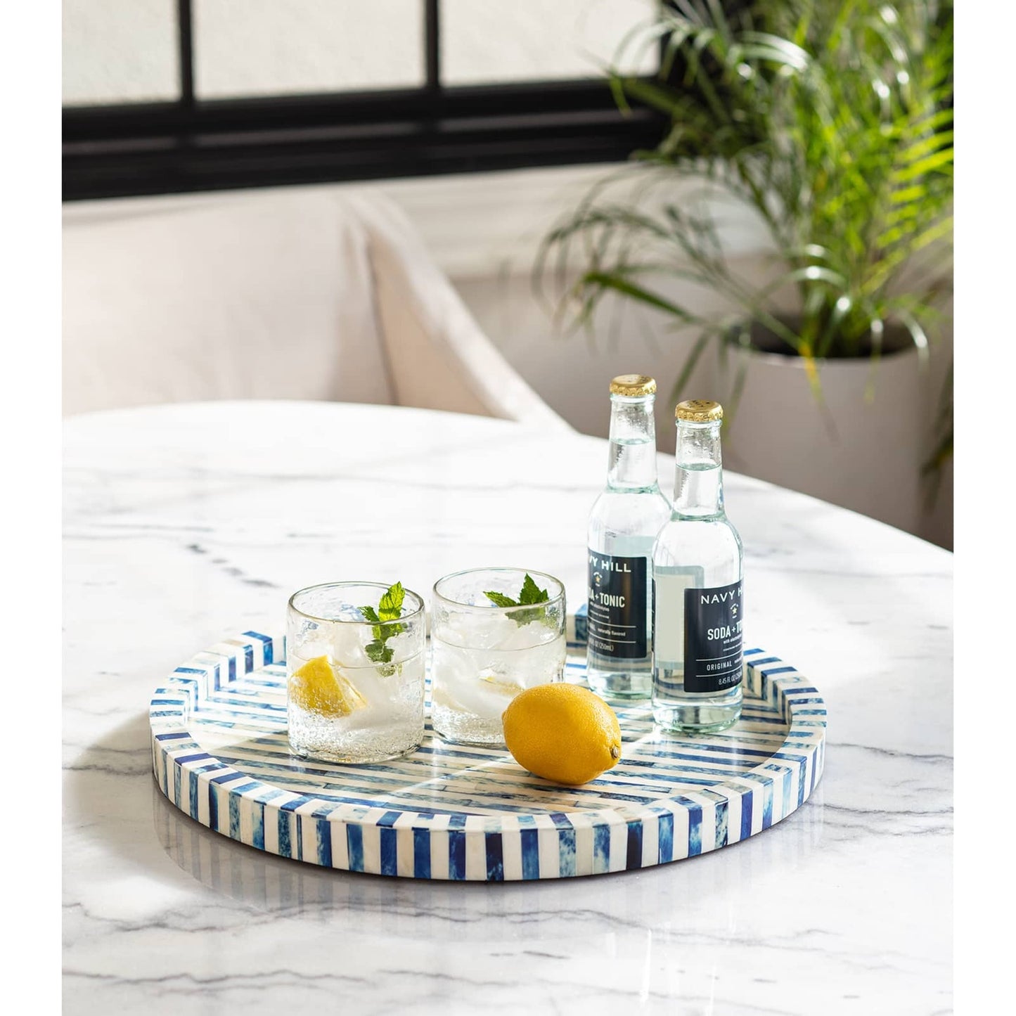 002 S-286752 | Lifestyle | Bone and Indigo Tray Round by Regina Andrew. Made from bone in a coastal style.