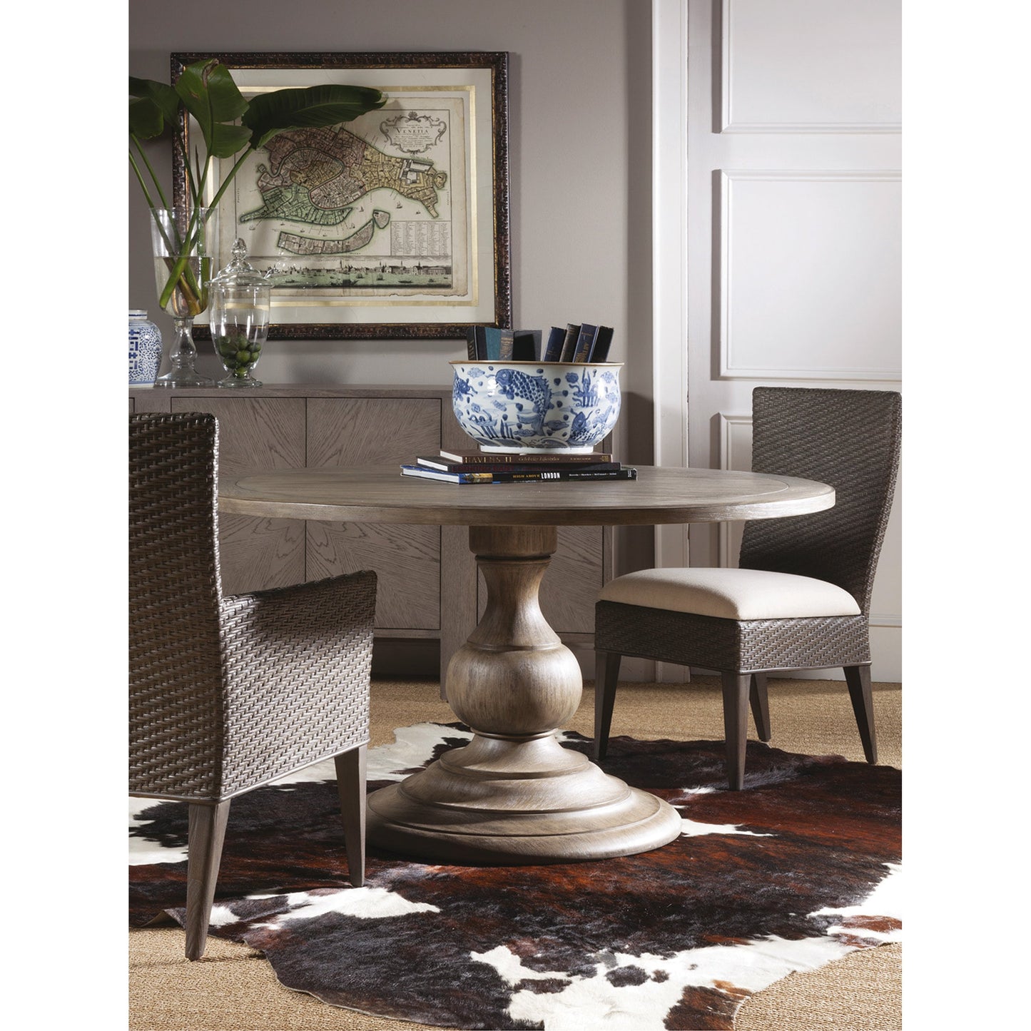 003 SR-834190 | Lifestyle | Axiom Round Dining Table by Artistica Home in grigio. Made from unique in a cottage & farmhouse style.
