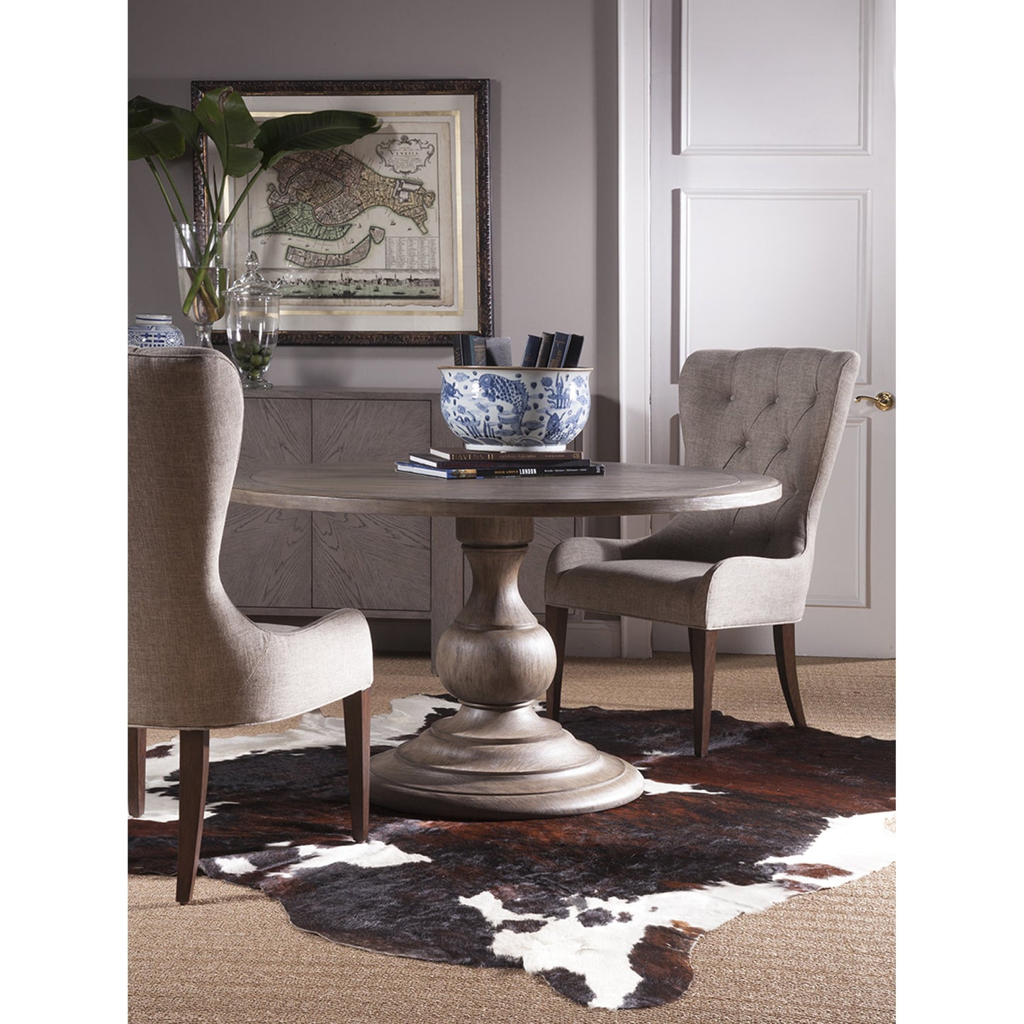 005 SR-834190 | Lifestyle | Axiom Round Dining Table by Artistica Home in grigio. Made from unique in a cottage & farmhouse style.
