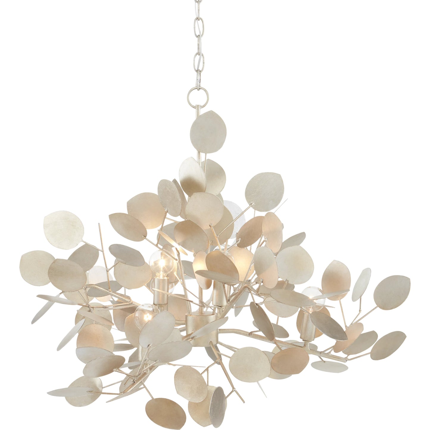 002 SI-1894402 | Primary Silo | Lunaria Chandelier by Currey and Company in contemporary silver leaf. Made from wrought iron in a transitional style.
