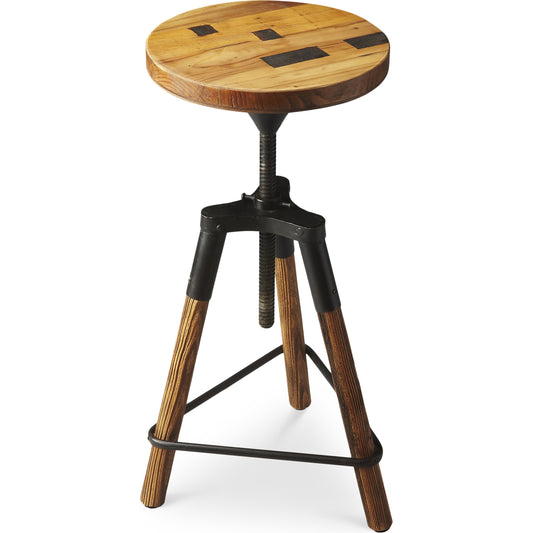 Hinton Revolving Bar Stool by Butler Specialty Company in multi-color and metalworks. Made from iron, recycled wood solids in a modern style.