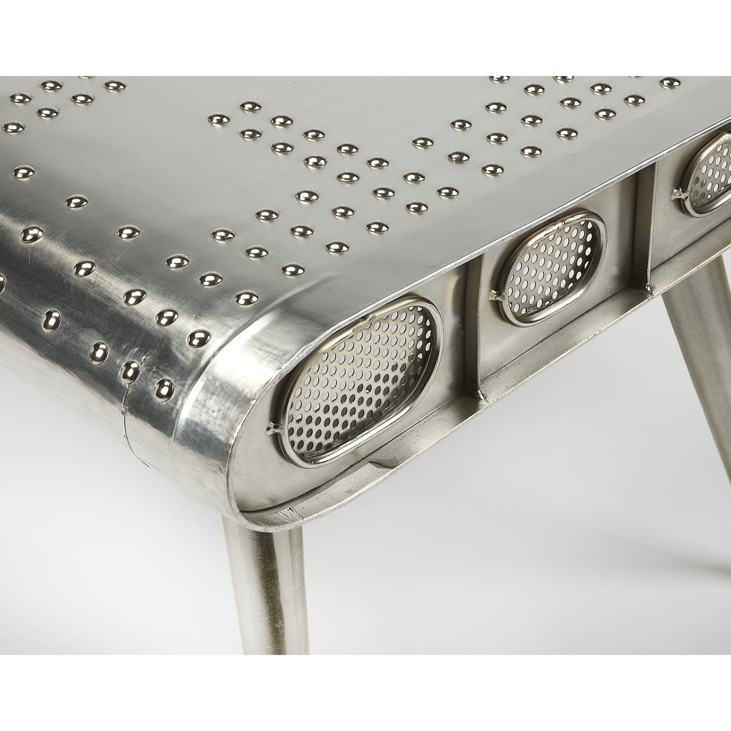 003 O-BUTLER-2061025 | Closeup | Midway Aviator Cocktail Table by Butler Specialty Company in silver and metalworks. Made from iron, mdf, wood solids in a modern style.