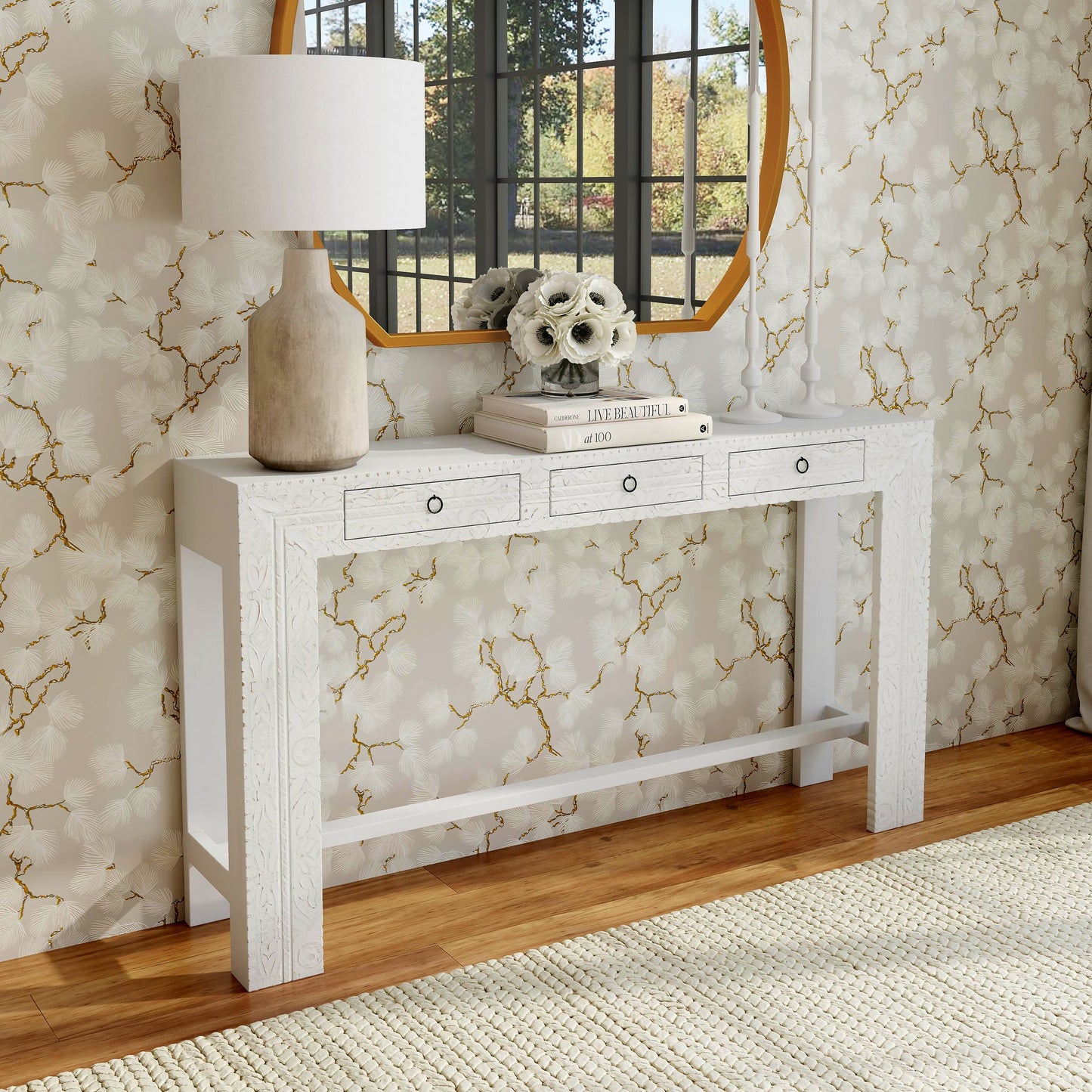 007 O-BUTLER-2069290 | Lifestyle | Janta Console Table by Butler Specialty Company in white and whitewashed. Made from recycled mango wood solids in a eclectic & global style.