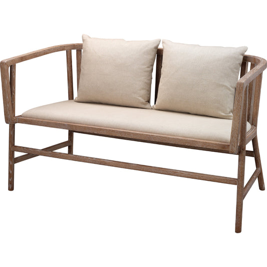 Grayson Settee by Jamie Young in off white linen, gray washed wood. Made from ash wood, linen, polypropylene in a coastal style.
