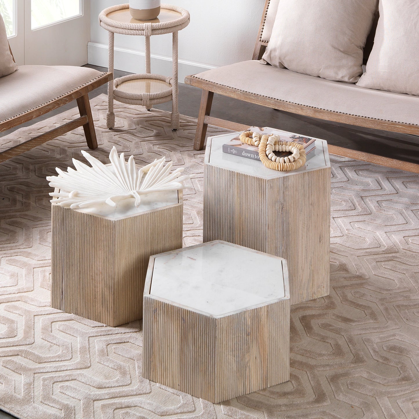 010 SR-707802 | Lifestyle | Argan Hexagon Table by Jamie Young in natural wood, white marble. Made from mango wood, marble in a coastal style.