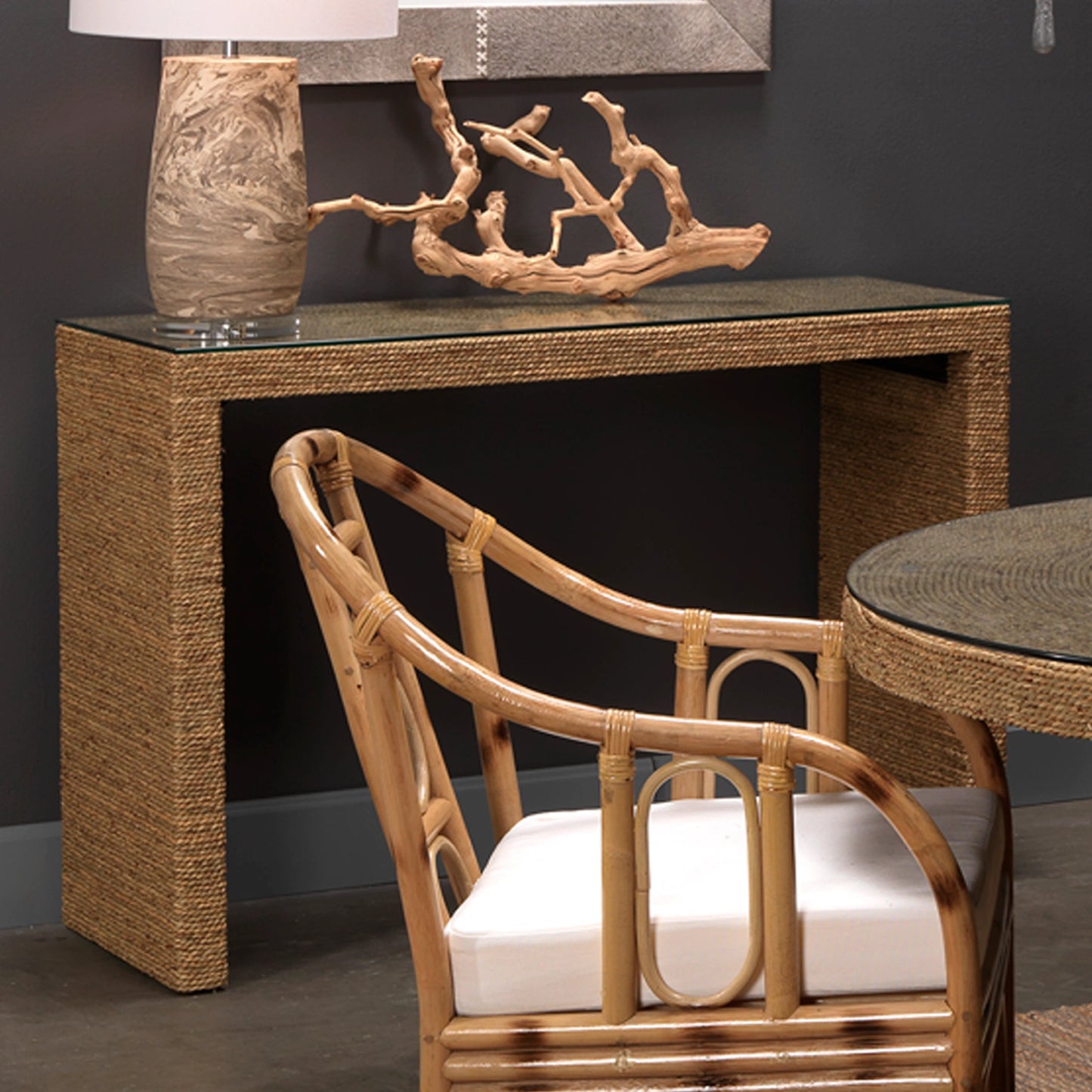 007 SR-912943 | Lifestyle | Captain Console Table by Jamie Young. Made from seagrass with tempered glass in a coastal style.