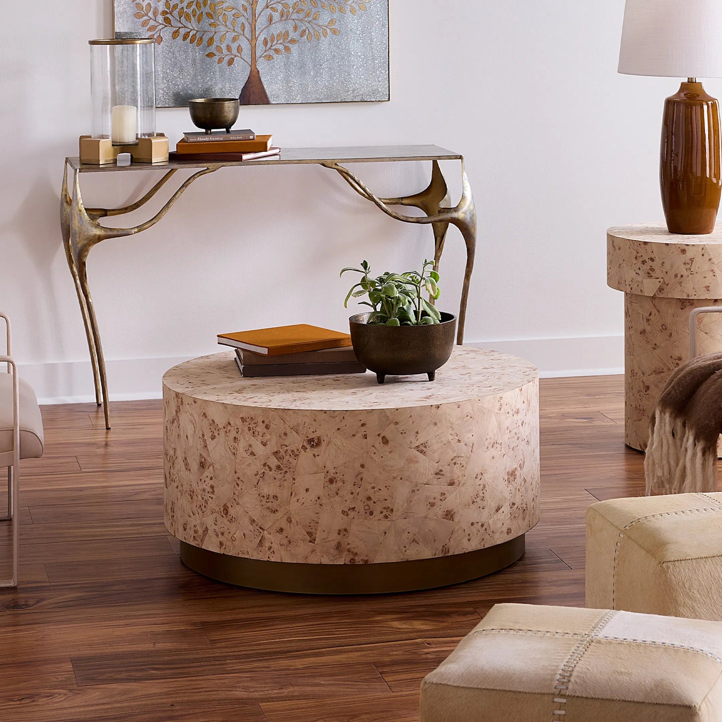 004 SI-2537690 | Lifestyle | Configuration Coffee Table by Jamie Young in cream and bleached burl veneer. Made from wood in a unique style.