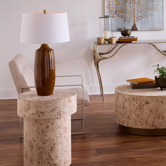 Configuration Side Table by Jamie Young in cream and bleached burl veneer. Made from wood in a unique style.