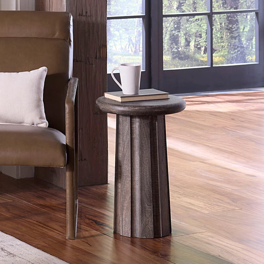Cremini Side Table by Jamie Young in grey and grey wash. Made from wood in a unique style.