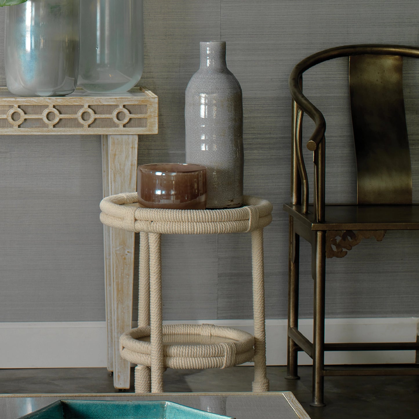 005 S-291904 | Lifestyle | Delta Side Table by Jamie Young in white rope. Made from rope in a coastal style.