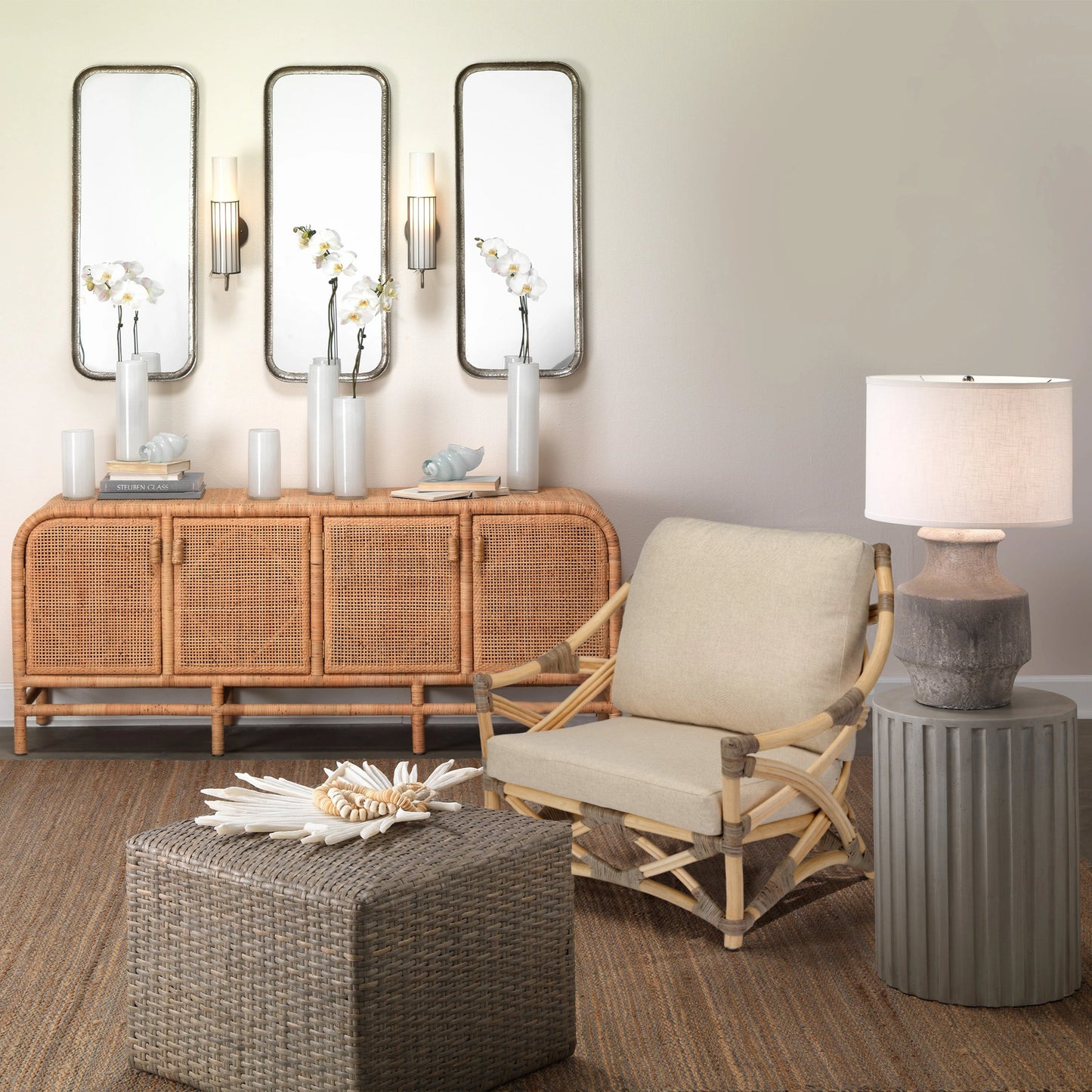 006 SI-1822183 | Lifestyle | Dune Lounge Chair by Jamie Young in natural. Made from rattan, natural muslin fabric in a coastal style.