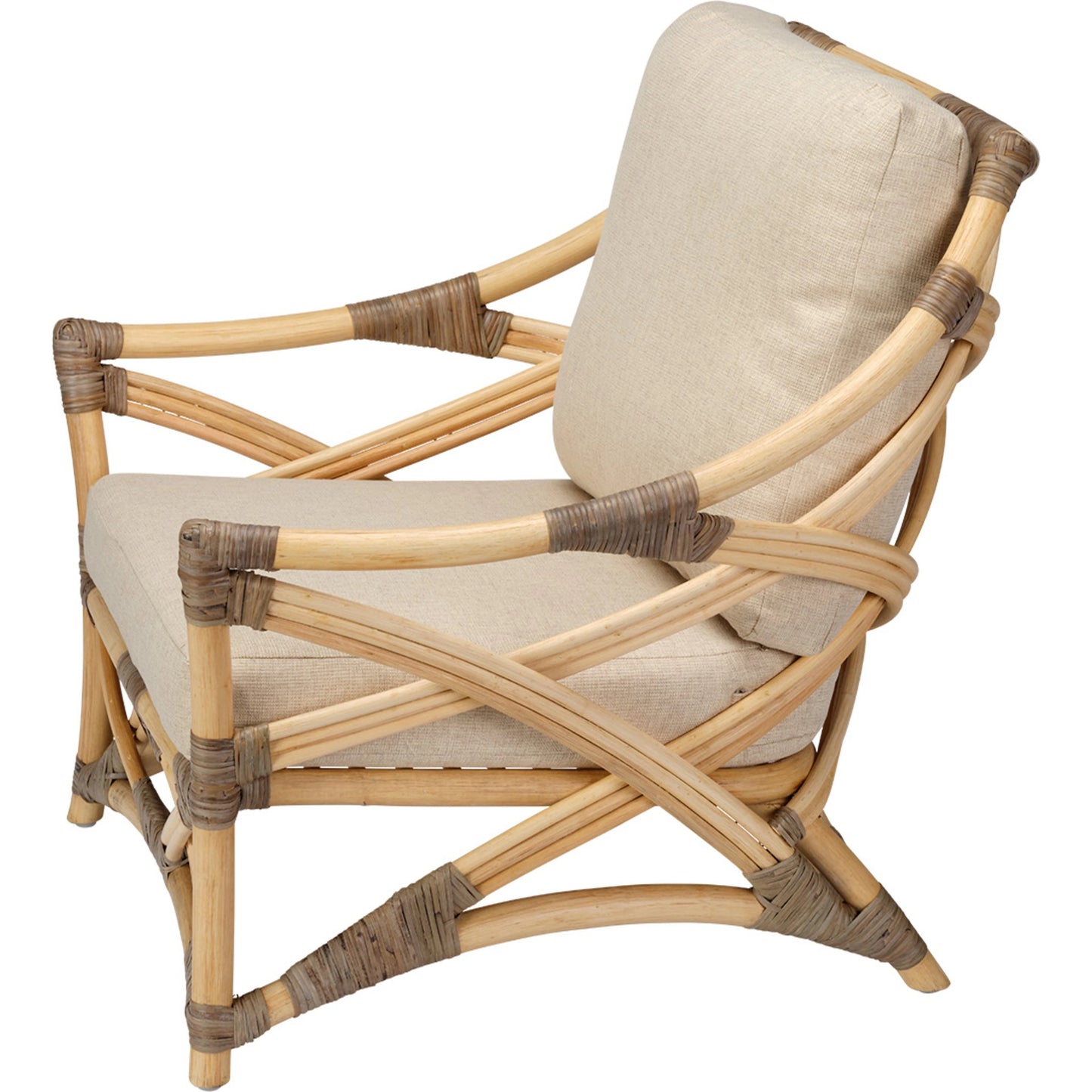 005 SI-1822183 | Additional Silo | Dune Lounge Chair by Jamie Young in natural. Made from rattan, natural muslin fabric in a coastal style.