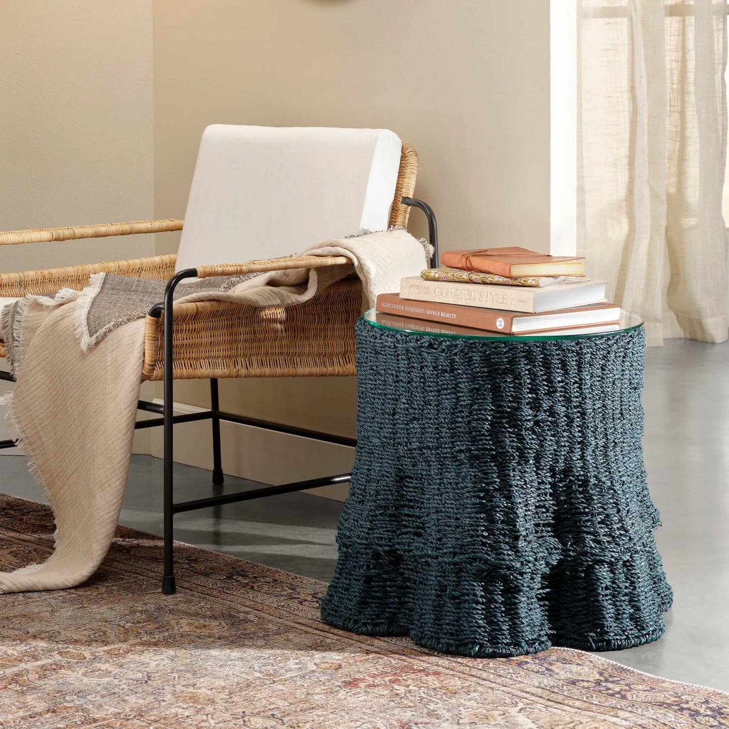 006 SI-2531165 | Lifestyle | Falda Side Table by Jamie Young in verdigris. Made from seagrass in a unique style.