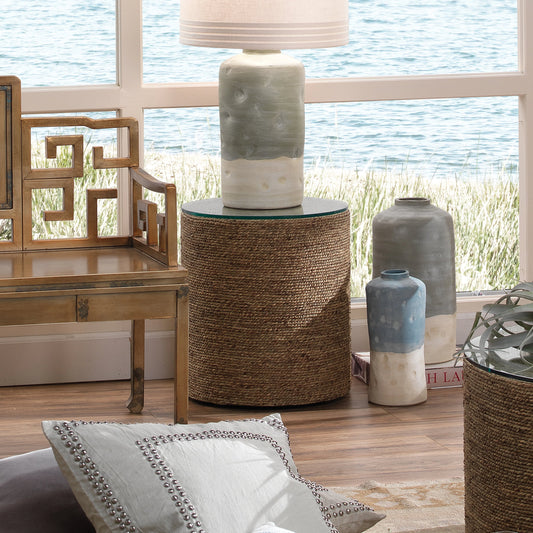 Harbor Side Table by Jamie Young in natural sea grass. Made from sea grass in a coastal style.
