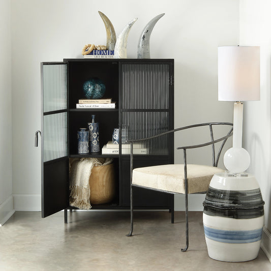 Horizon Striped Side Table by Jamie Young in grey, black & white. Made from ceramic in a modern style.