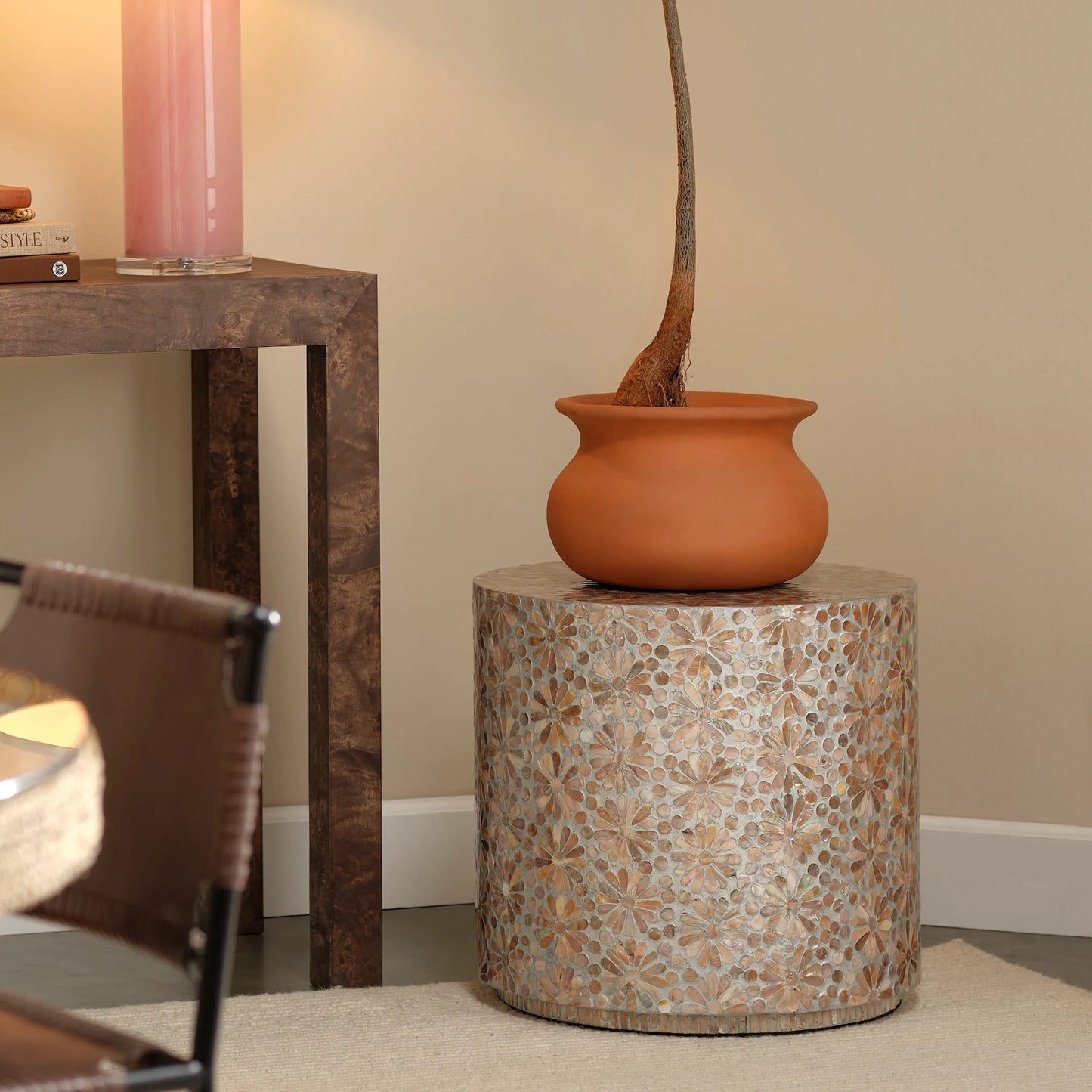 002 SI-2531174 | Lifestyle | Marigold Side Table by Jamie Young in pink and pink mother of pearl. Made from mother of pearl in a unique style.