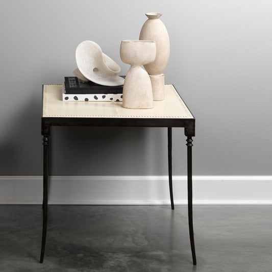 Nevado Side Table by Jamie Young in off white. Made from leather, black forged iron in a transitional style.