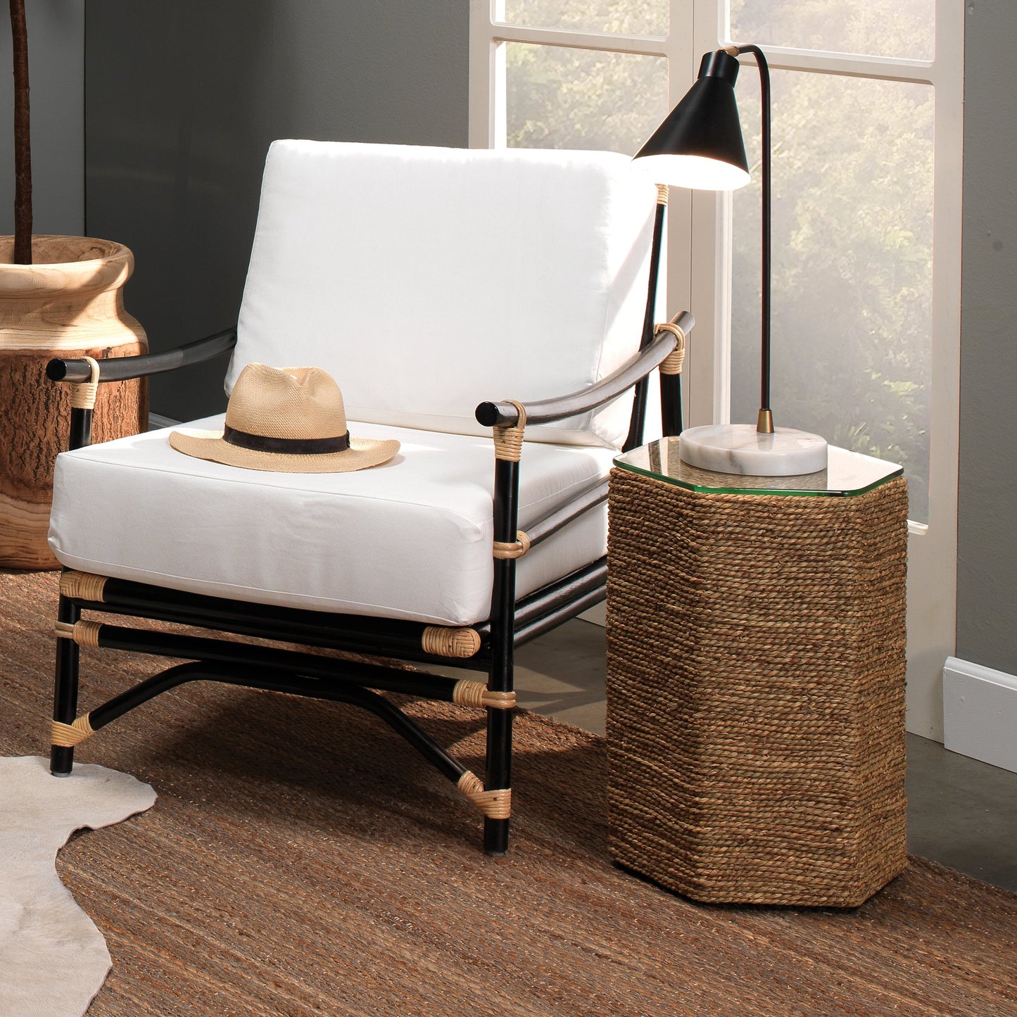 004 S-292153 | Lifestyle | Peninsula Side Table by Jamie Young in natural sea grass. Made from sea grass in a modern style.