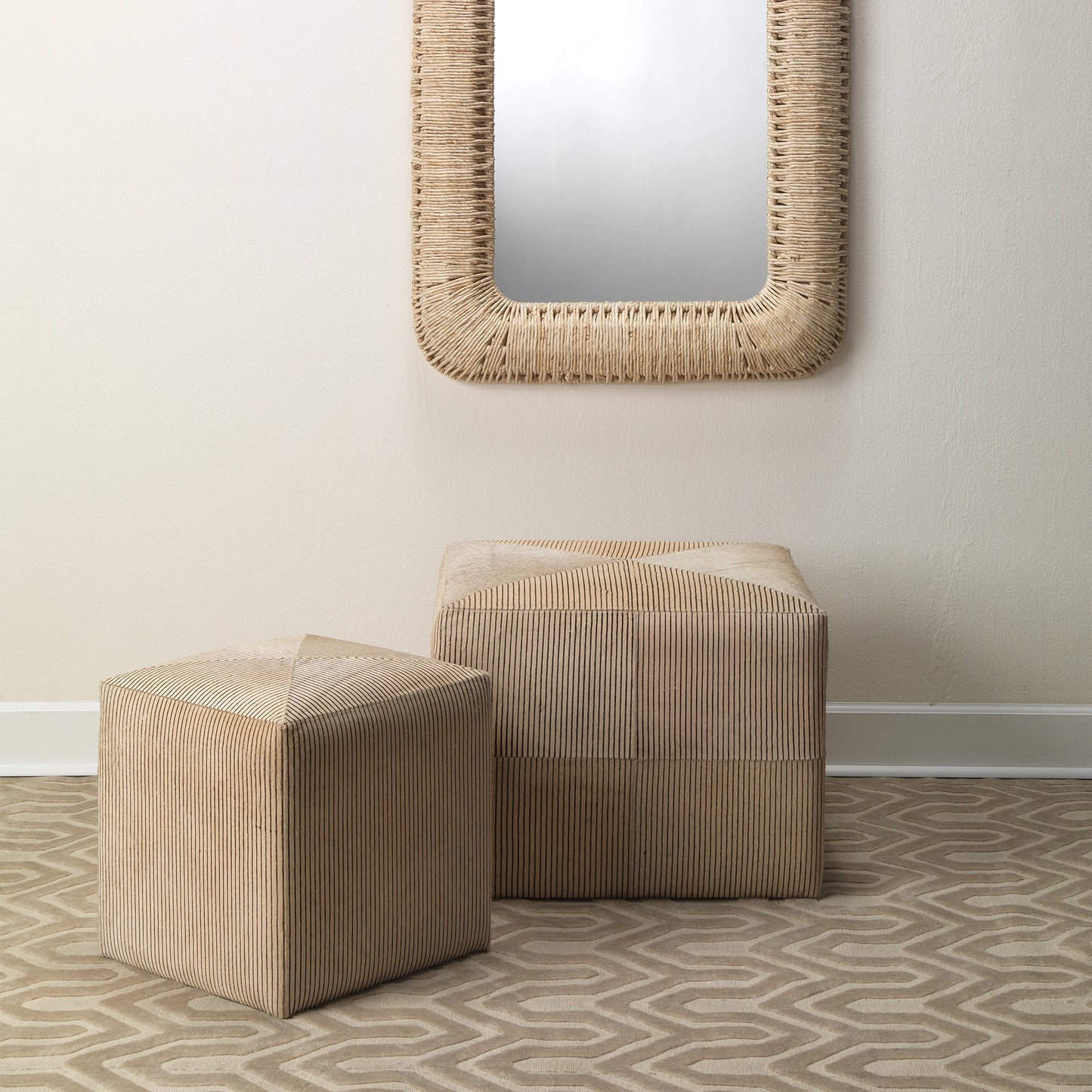 007 SI-1822215 | Lifestyle | Pinstriped Ottoman by Jamie Young in black & cream hide. Made from mdf, hide in a cottage & farmhouse style.