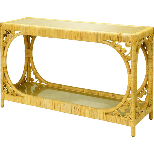 Primrose Console Table by Jamie Young. Made from rattan with tempered glass in a eclectic & global style.