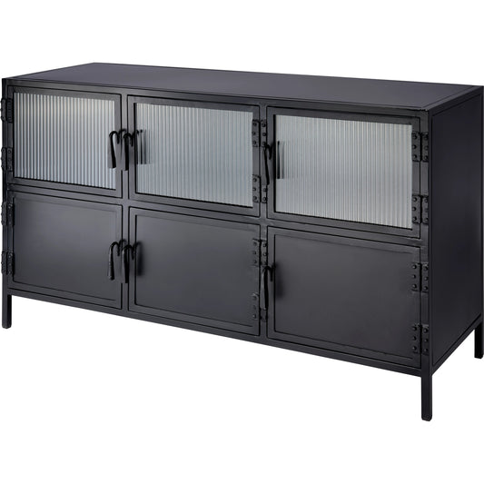 001 SI-1961341 | Primary Silo | Vitrino Console by Jamie Young in black. Made from iron & glass in a modern style.