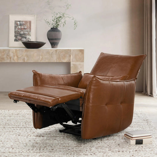 Esther Recliner Armchair by Classic Home in brown. Made from full top grain leather in a modern style.