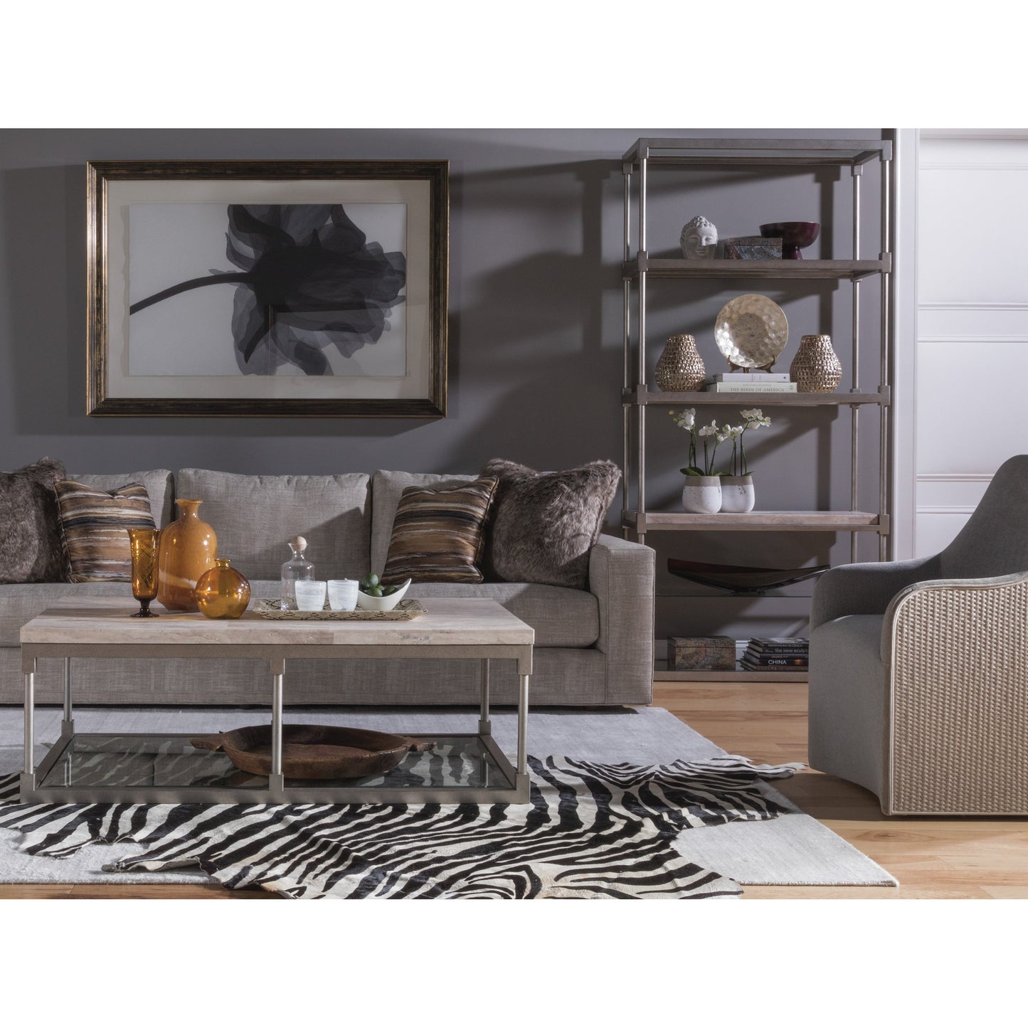 002 SR-834678 | Lifestyle | Topa Etagere by Artistica Home in antiqued silver leaf. Made from unique in a modern style.