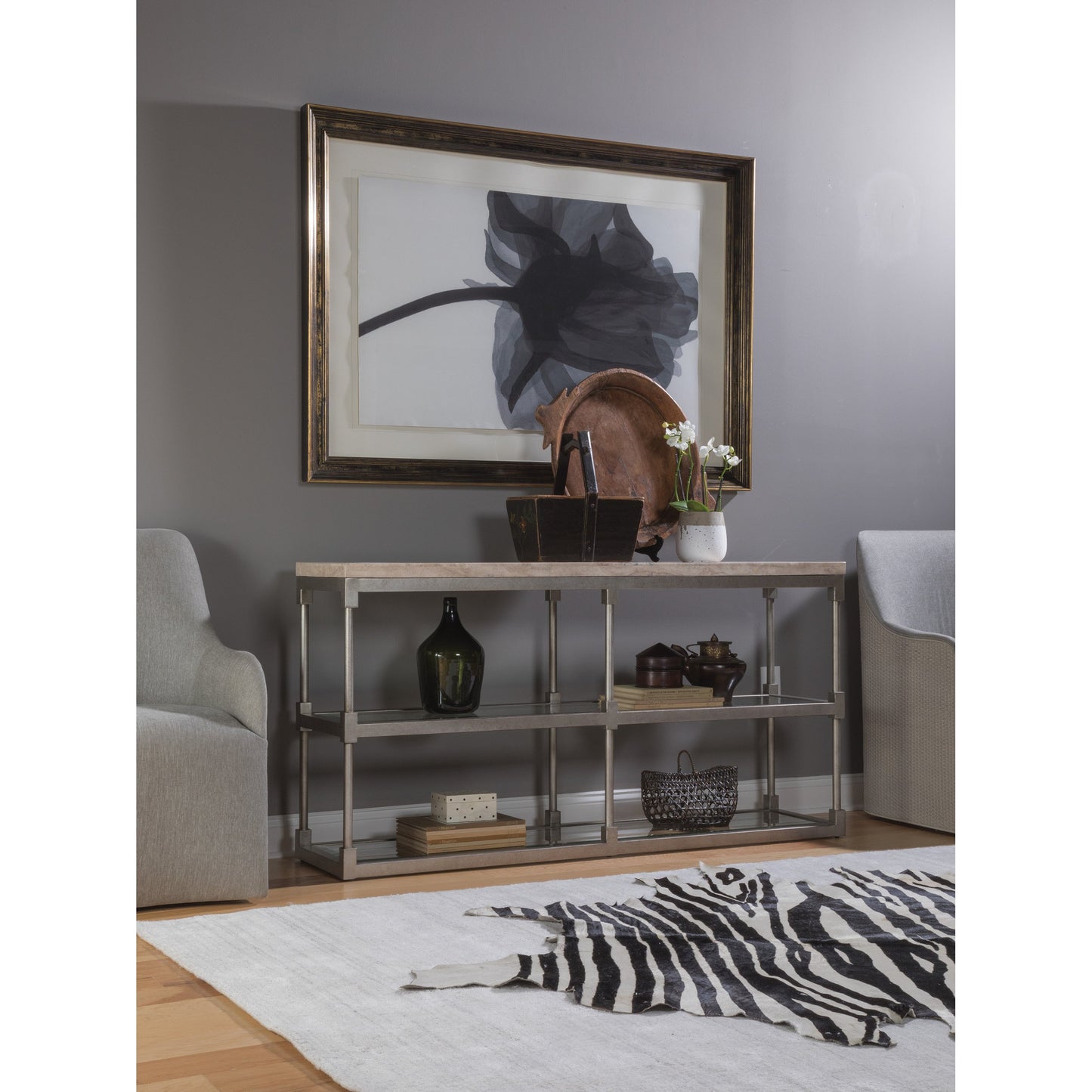 004 SR-834677 | Lifestyle | Topa Console by Artistica Home in antiqued silver leaf. Made from unique in a modern style.