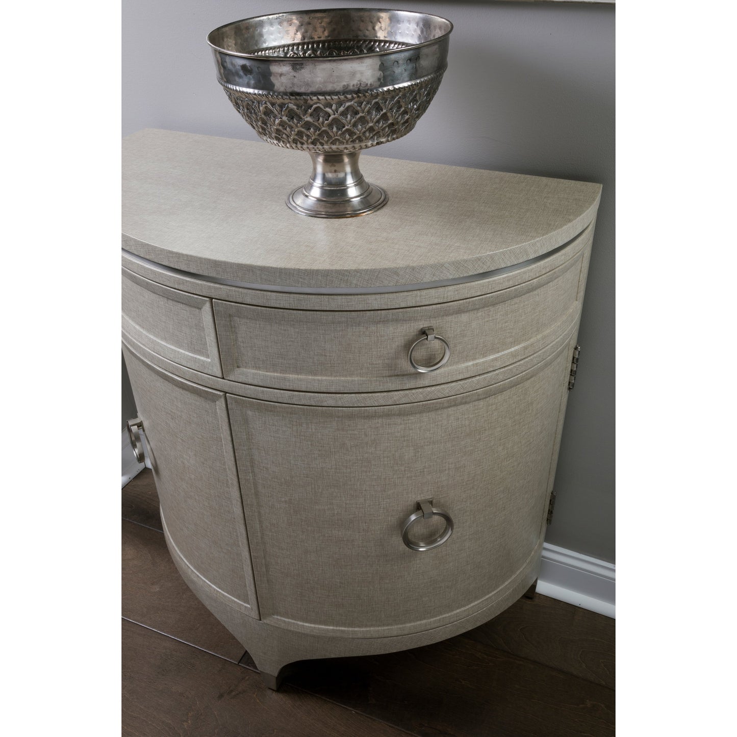006 SR-834735 | Lifestyle | Zeitgeist Linen Demilune Chest by Artistica Home in gray. Made from unique in a traditional style.