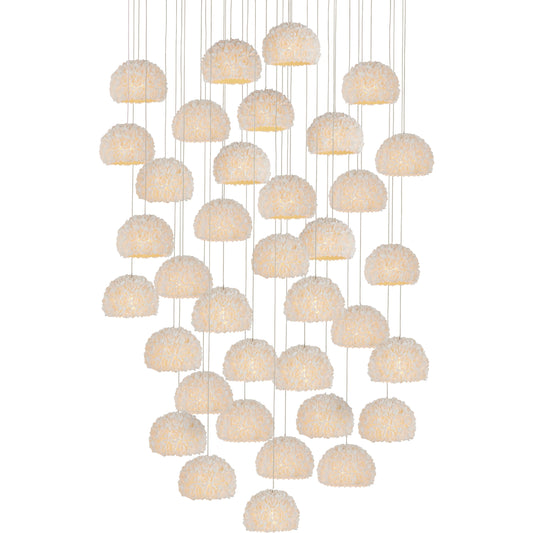 Virtu 36-Light Round Multi-Drop Pendant by Currey and Company in natural, silver. Made from clamrose shell, metal, composite in a modern style.