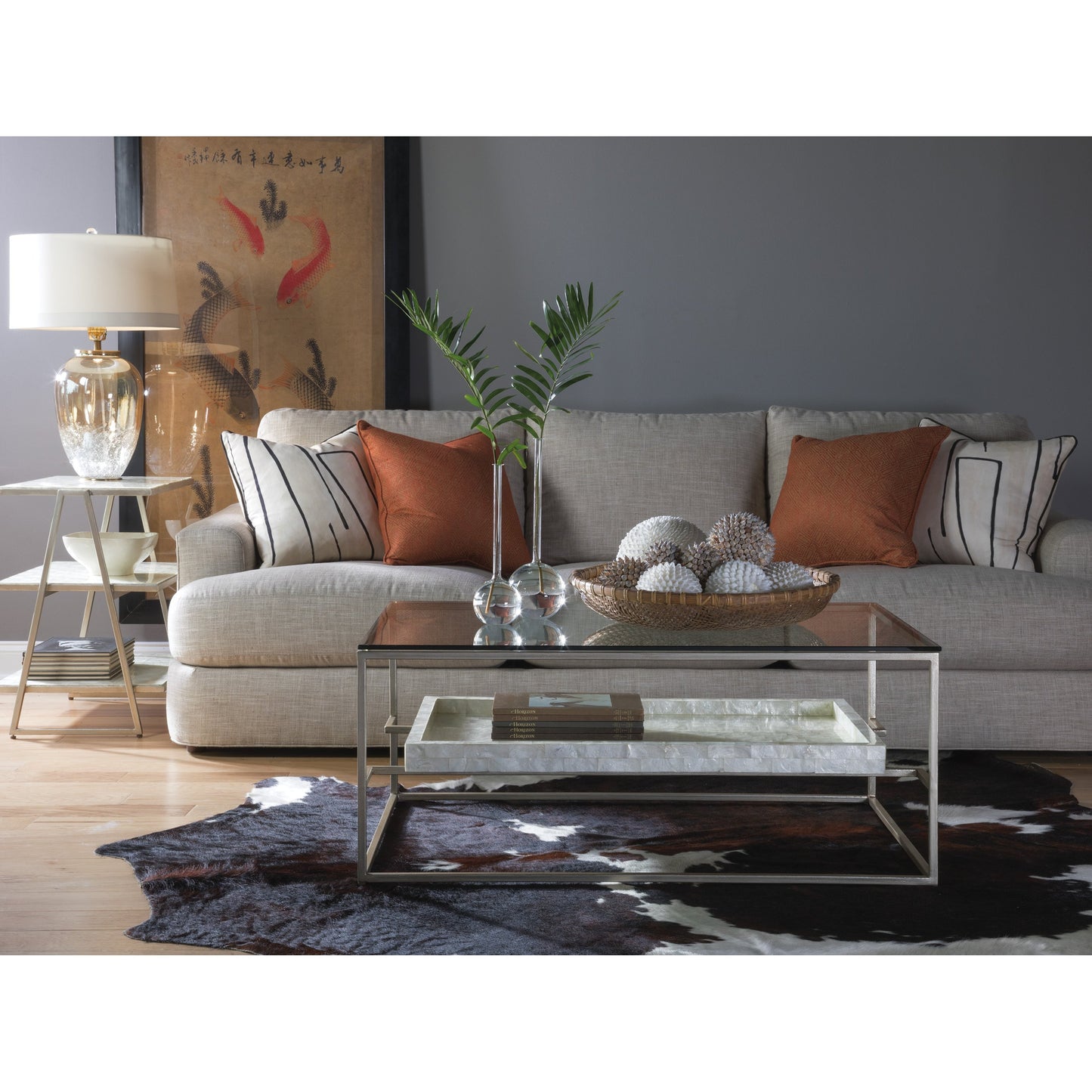 003 SR-834299 | Lifestyle | Cumulus Capiz Triangular Tier Table by Artistica Home in champagne. Made from unique in a modern style.