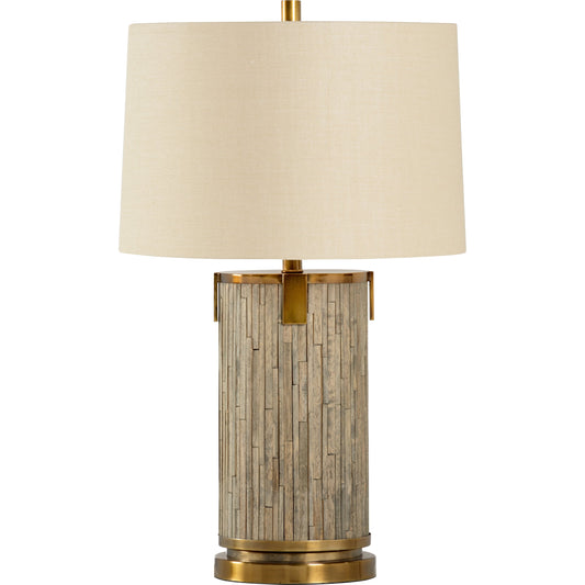 White's Creek Lamp by Wildwood in driftwood, antique brass. Made from wood in a transitional style.