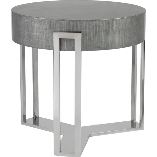Iridium Round End Table by Artistica Home in gray silver crosshatch. Made from unique in a modern style.