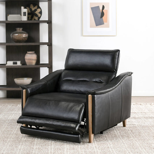 Cullman Leather Power Recliner Accent Chair by Classic Home in black. Made from top grain leather, ash wood in a traditional style.
