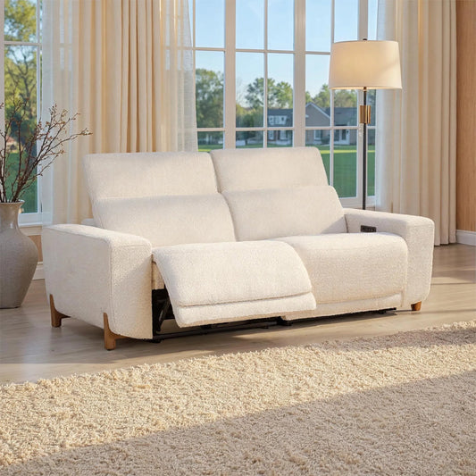 Darrow Zero Gravity Power Recliner Upholstered Fabric Sofa by Classic Home in white. Made from 100% polyester, acacia mangium wood, metal in a transitional style.