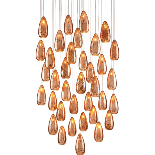 Rame 36-LIGHT Multi-Drop Pendant by Currey and Company in copper, silver. Made from antique copper, glass in a transitional style.