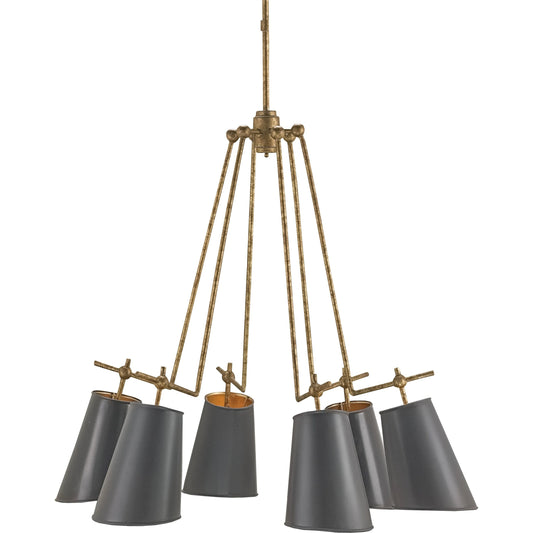 Jean-Louis Chandelier by Currey and Company in old brass, marbella black, contemporary gold leaf. Made from wrought iron in a modern style.