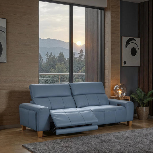 Alea Leather Power Recliner Sofa by Classic Home in smoke blue. Made from 100% top grain leather, acacia mangium wood, metal in a modern style.