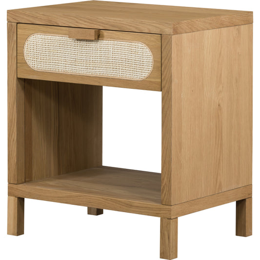 001 SI-1714150 | Primary Silo | Allegra Nightstand by Four Hands in honey oak veneer, light natural cane, honey oak and honey oak. Made from oak veneer, cane, solid oak in a rustic style.