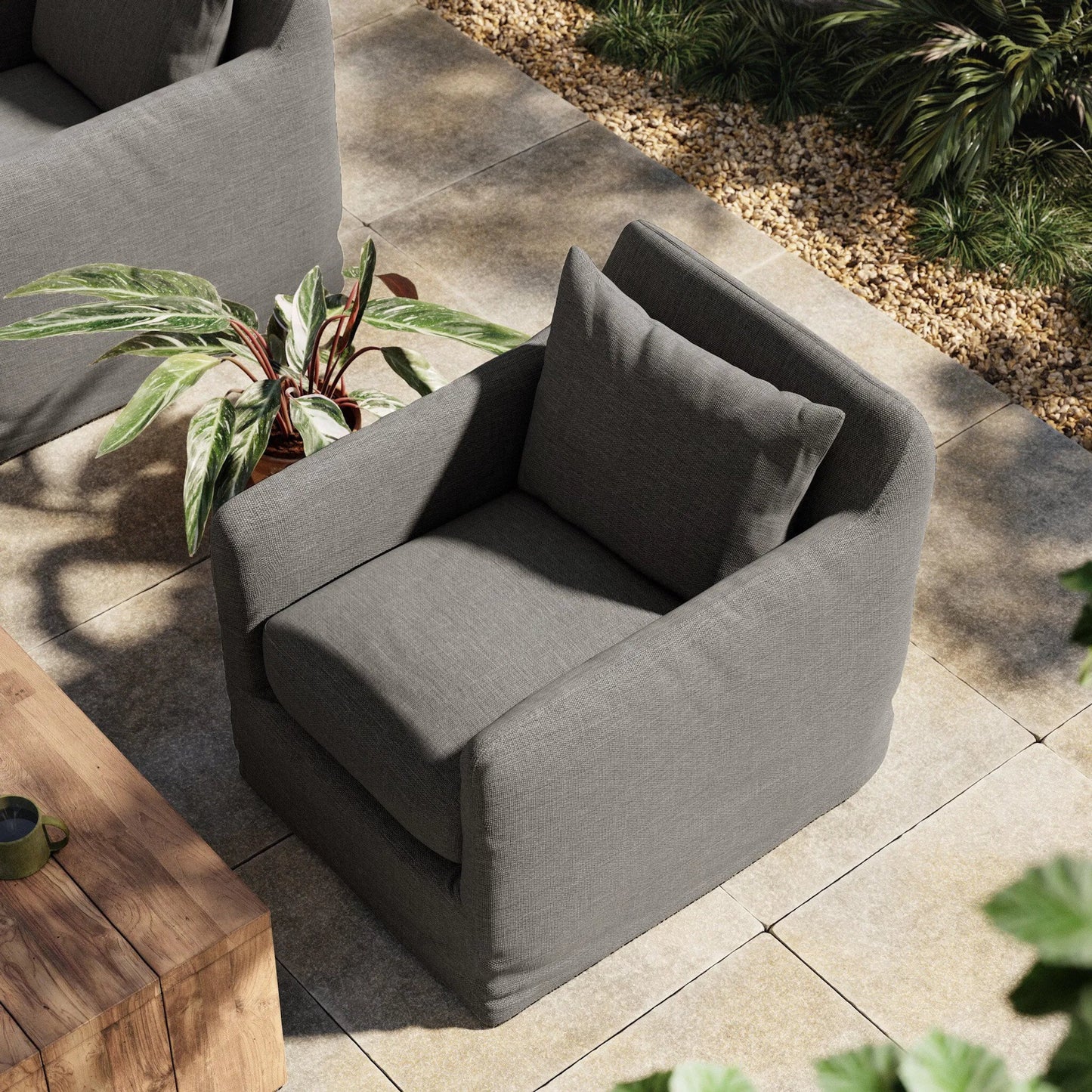 041 SI-1714959 | Lifestyle | Dade Outdoor Swivel Chair by Four Hands. Made from 100% olefin, aluminum in a modern style.
