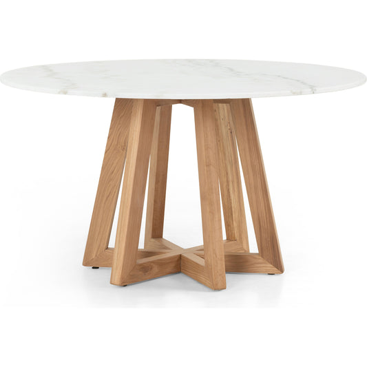 Creston Dining Table by Four Hands in honey oak, honey oak veneer, white marble and honey oak, white marble. Made from solid marble, oak veneer, solid oak in a coastal style.
